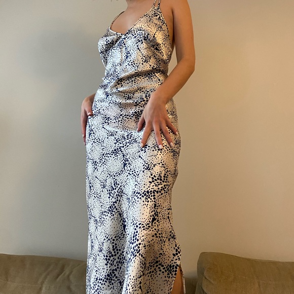 Long satin slip dress blue and silver - Picture 4 of 5